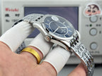 Vacheron Constantin wristwatch angled view, blue dial, stainless steel case and link bracelet