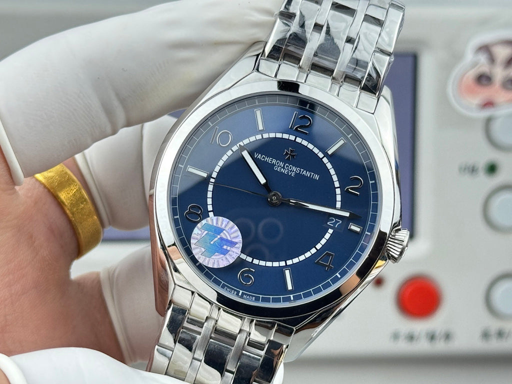 Vacheron Constantin wristwatch close-up front, blue dial, stainless steel case and bracelet