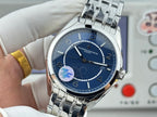Vacheron Constantin wristwatch close-up front, blue dial, stainless steel case and bracelet