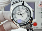 Vacheron Constantin wristwatch angled front view with silver dial and purple subdial