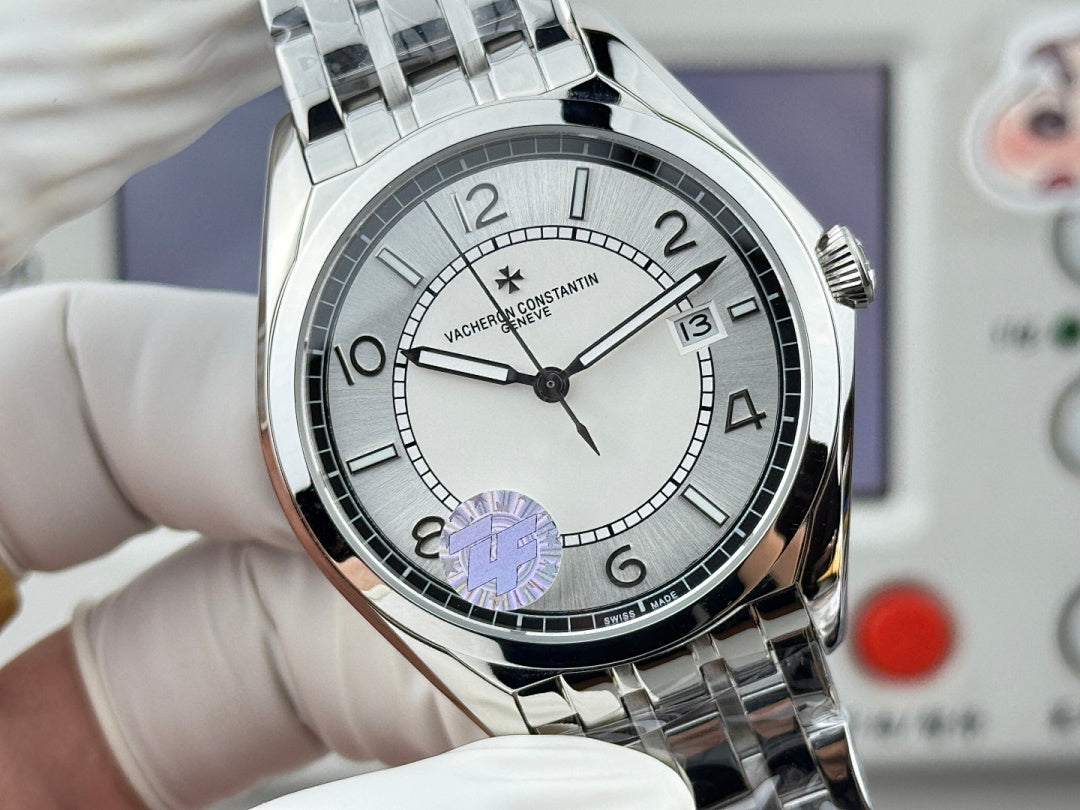 Vacheron Constantin wristwatch angled front view with silver dial and purple subdial