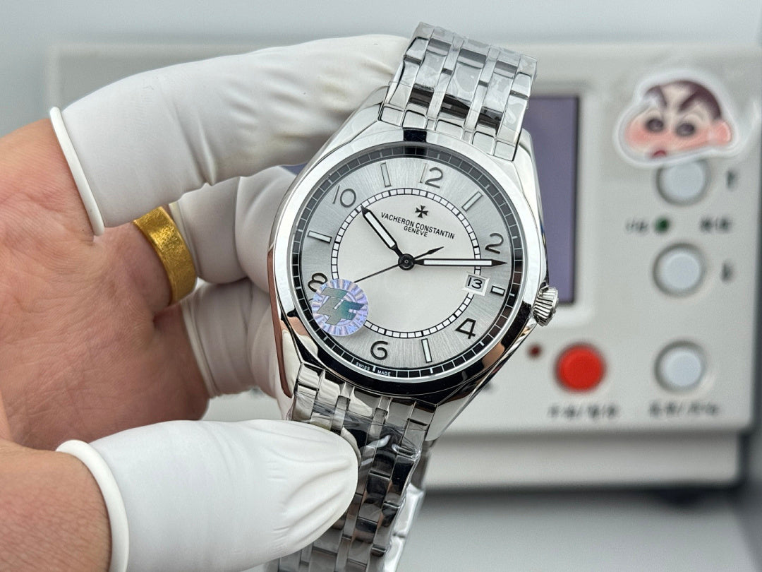 Vacheron Constantin wristwatch front view with silver dial and blue-toned subdial