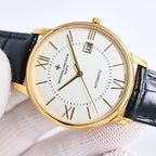 Automatic wristwatch with white dial, baton indexes, date window at 3, gold case, black strap