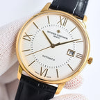 Automatic wristwatch with white dial, Roman numerals, date window, gold case, black leather strap