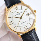 Automatic wristwatch with white dial, Roman numerals, date window, gold case, black leather strap