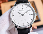 Automatic wristwatch with silver-tone case, white dial, black leather strap, date 21