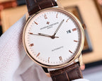 Automatic wristwatch with rose-gold case, white dial, brown leather strap, date 29