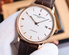 Automatic wristwatch angled view with rose-gold case, white dial, brown leather strap, date 29