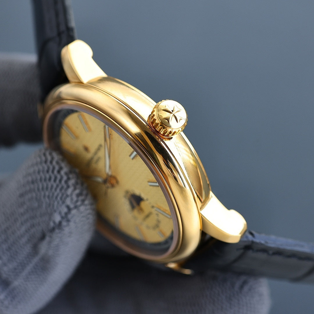 Vacheron Constantin wristwatch with gold crown and black leather strap, angled view.