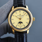 Vacheron Constantin watch with gold case, black leather strap, yellow dial, automatic subdial.
