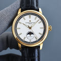 Vacheron Constantin watch with gold case, black leather strap, white dial, gold hands.