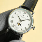 Vacheron Constantin watch with white dial, Roman numerals, black leather strap, subdial at 6