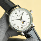 Vacheron Constantin watch with white dial, Roman numerals, black leather strap, subdial detail