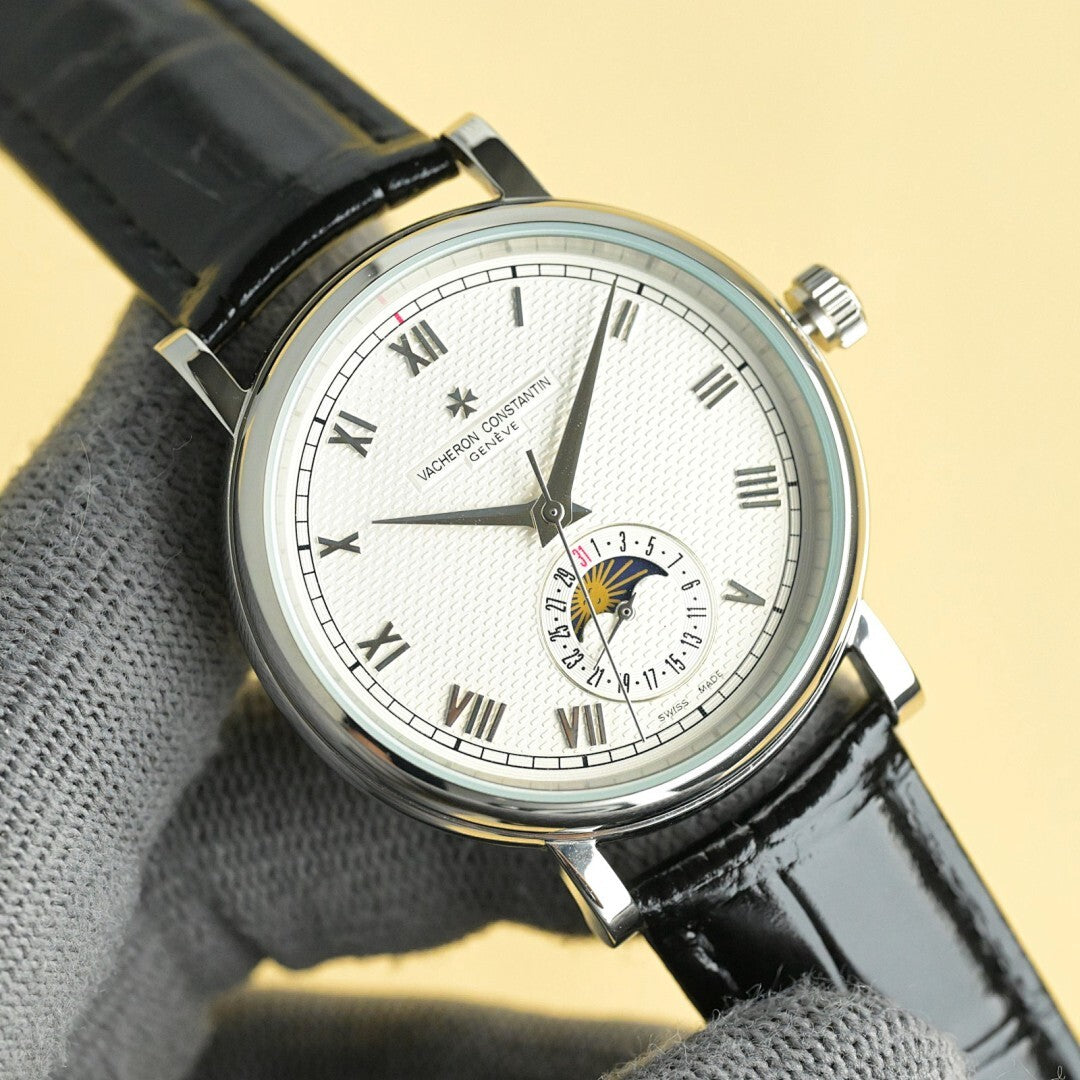 Vacheron Constantin watch with white dial, Roman numerals, black leather strap, subdial detail