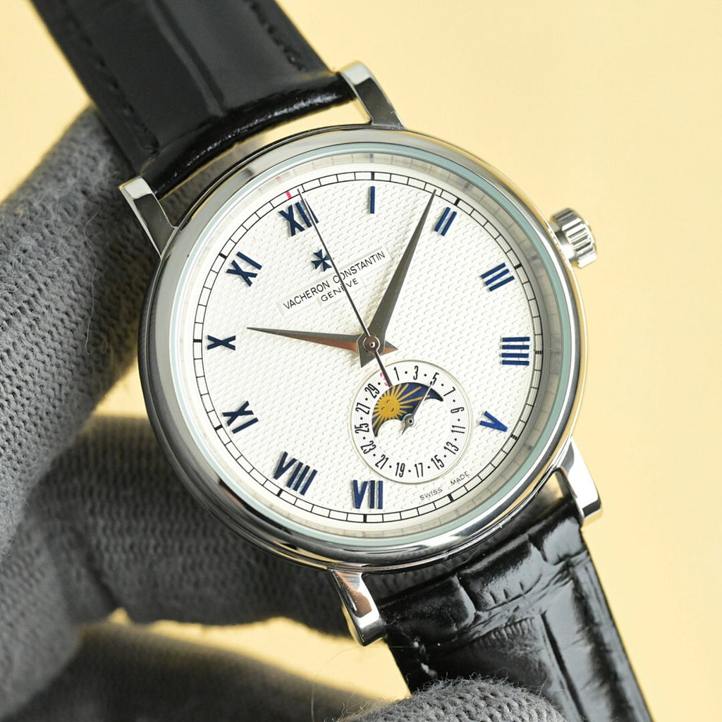 Vacheron Constantin watch with white dial, Roman numerals, black leather strap, subdial with gold gear