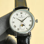 Vacheron Constantin watch with white dial, Roman numerals, black leather strap, subdial and markers