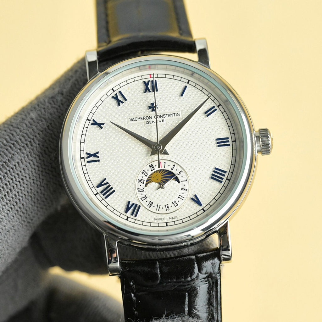 Vacheron Constantin watch with white dial, Roman numerals, black leather strap, subdial