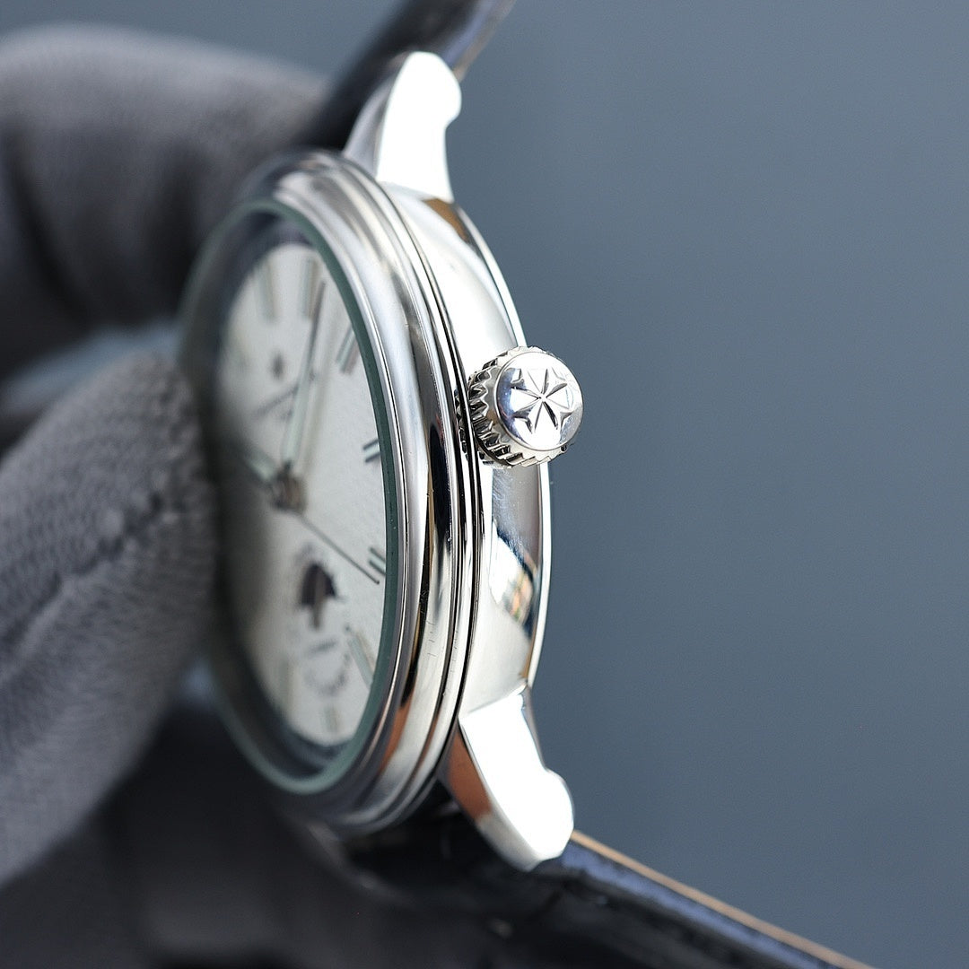 Vacheron Constantin watch side view with crown, metal case