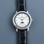 Vacheron Constantin watch: white dial, black leather strap, steel case