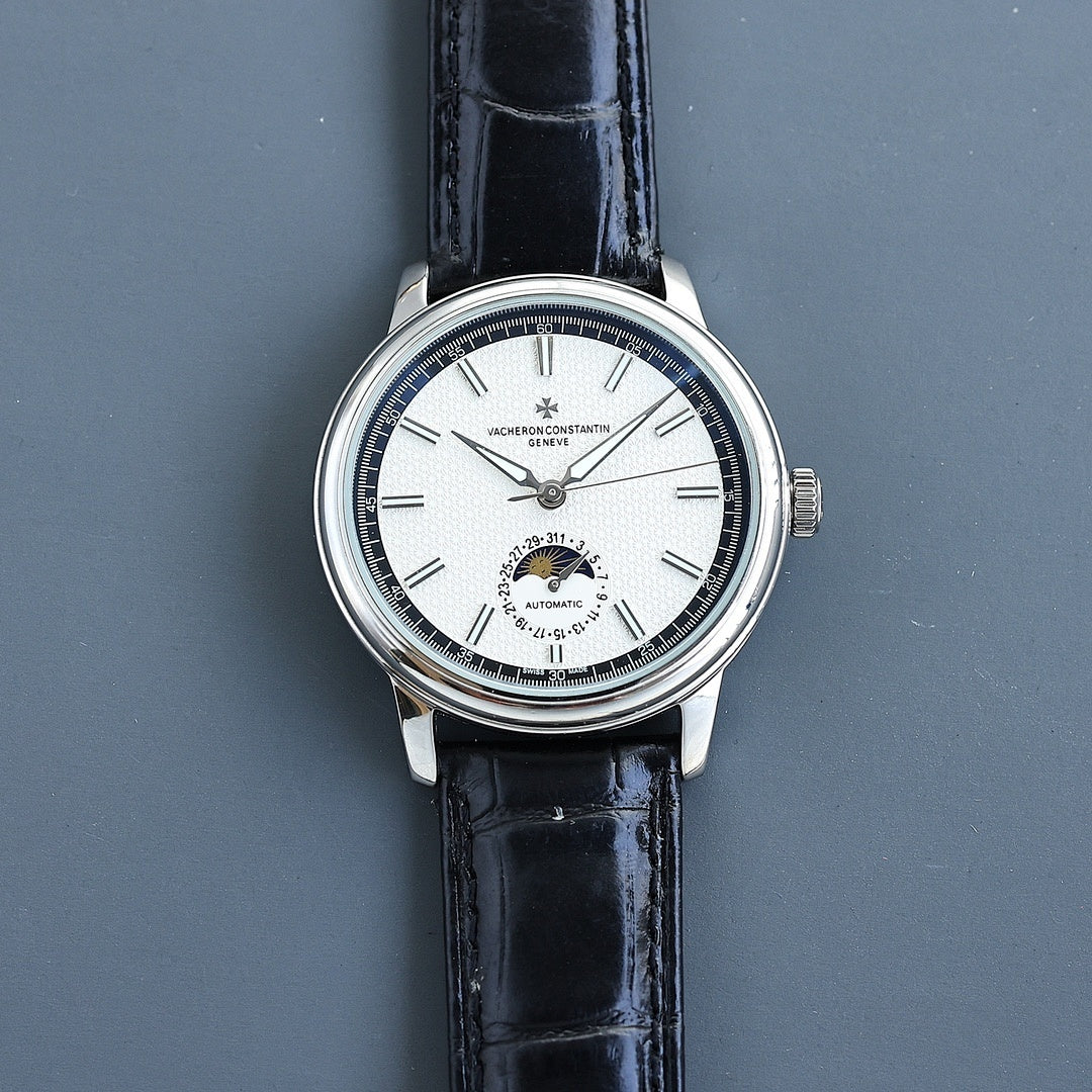 Vacheron Constantin watch: white dial, black leather strap, steel case