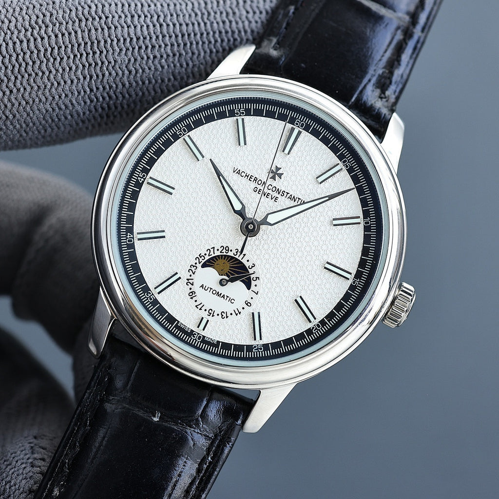 Vacheron Constantin watch close-up: white dial and black leather strap