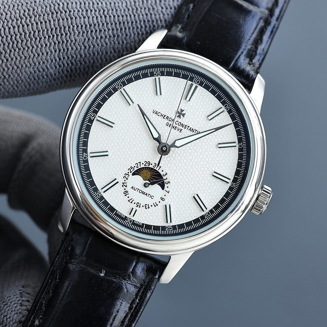 Vacheron Constantin watch close-up: white dial and black leather strap