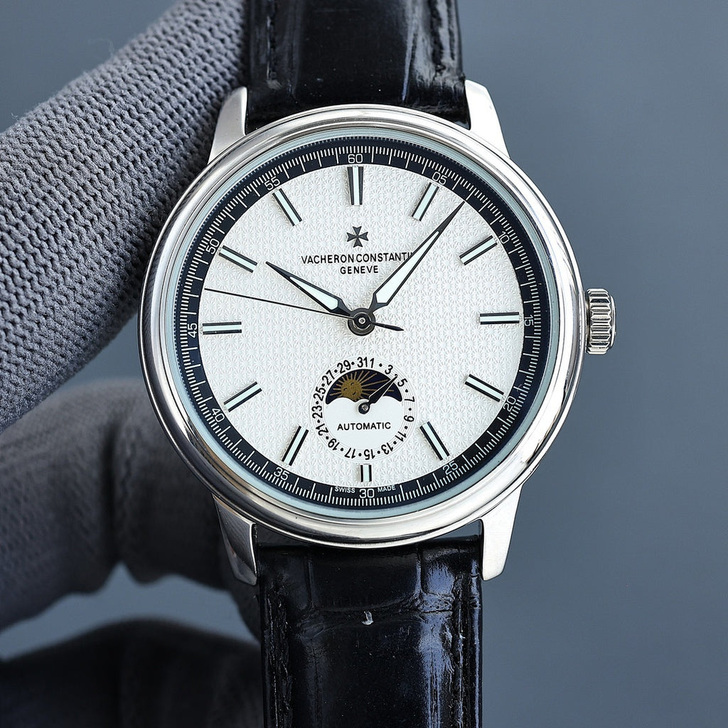 Vacheron Constantin watch: white dial, black leather strap, steel case