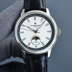 Vacheron Constantin watch: white dial, black leather strap, steel case