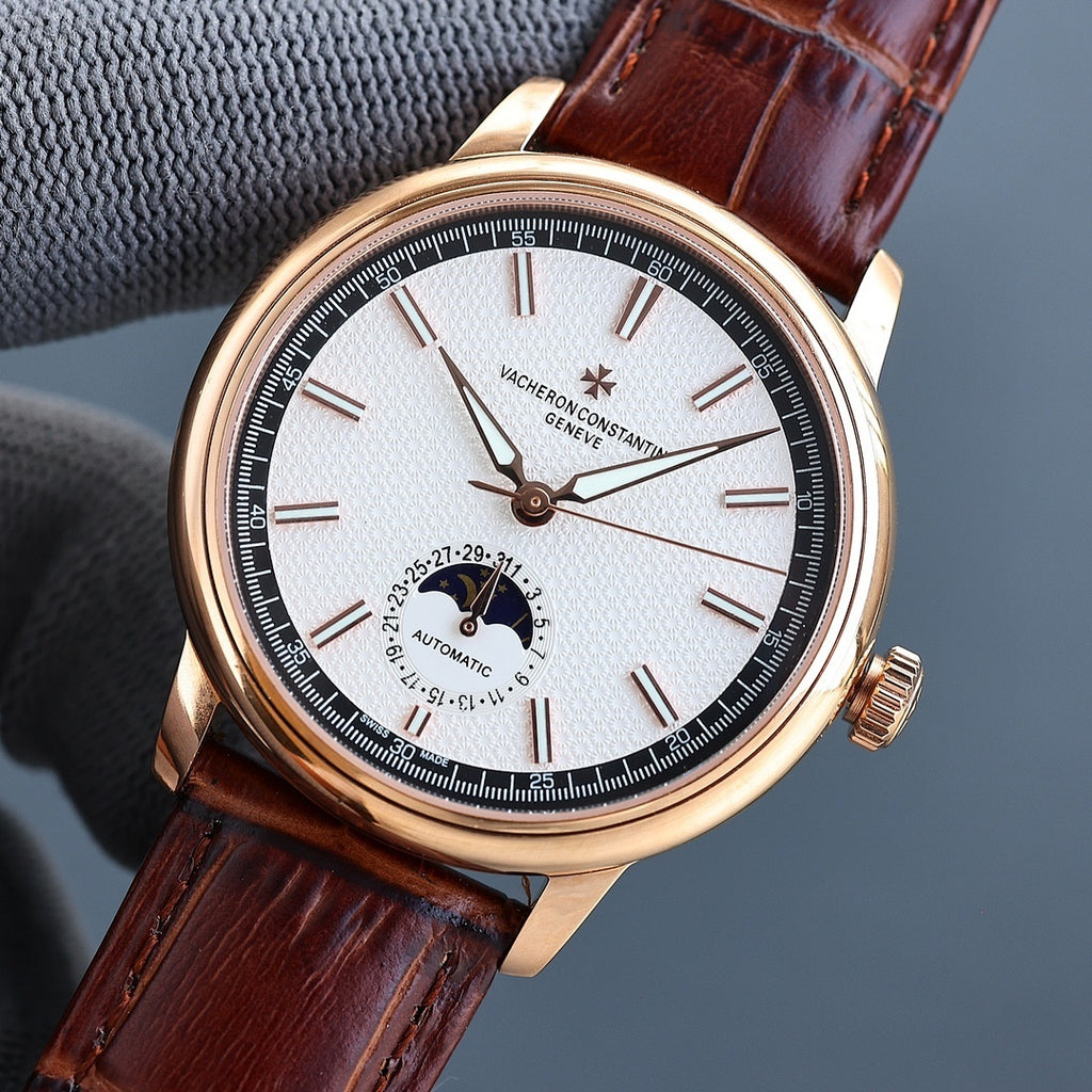 Vacheron Constantin watch: white dial, brown leather strap, rose-gold case
