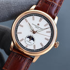 Vacheron Constantin watch: white dial, brown leather strap, rose-gold case
