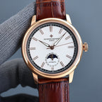 Vacheron Constantin watch: white dial, brown leather strap, rose-gold case
