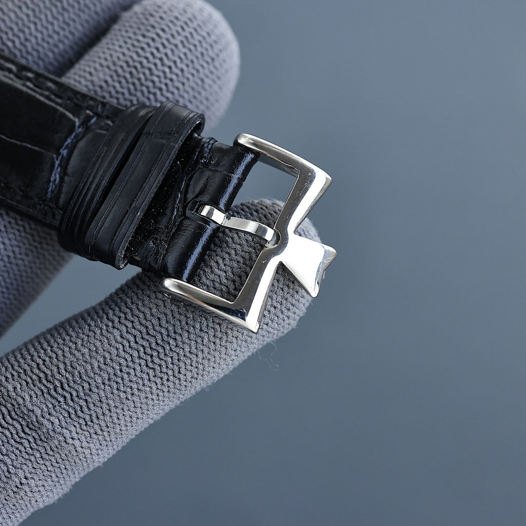 Vacheron Constantin watch buckle with black leather strap and silver clasp