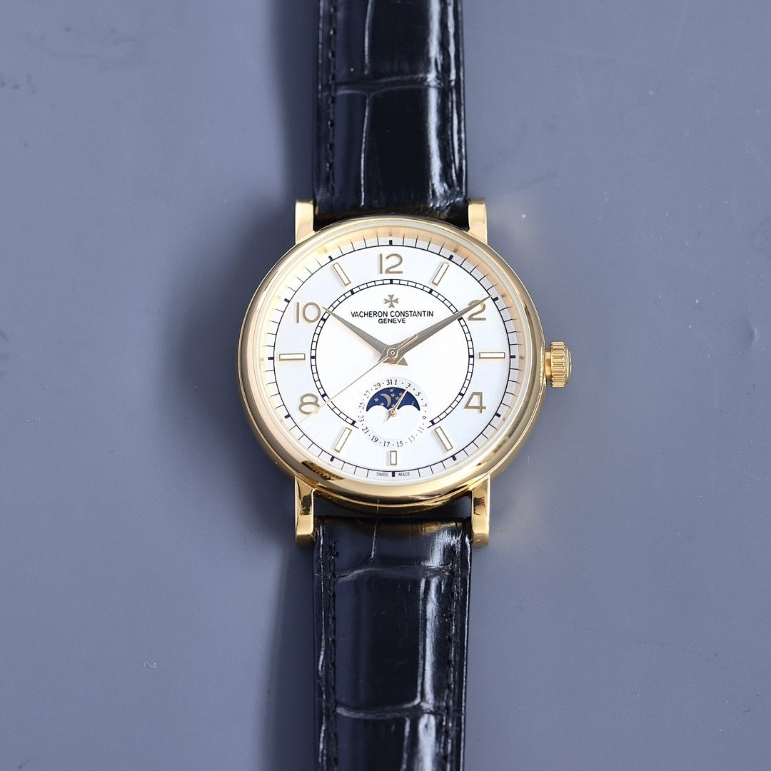 Vacheron Constantin watch with white dial, blue-toned strap, gold-tone case