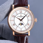 Vacheron Constantin watch with white dial, brown leather strap, rose gold round case