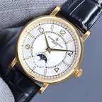 Vacheron Constantin watch with white dial, black leather strap, gold-tone case
