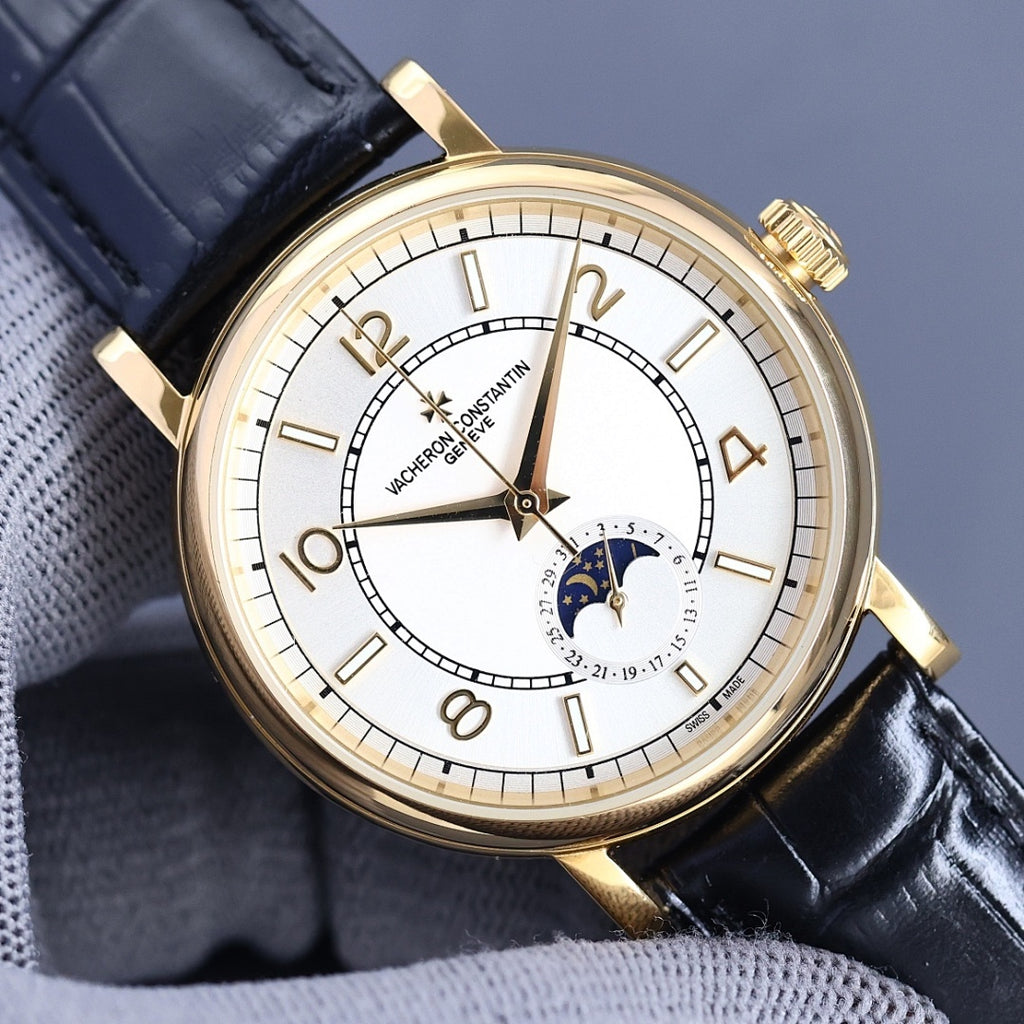 Vacheron Constantin watch with white dial, black leather strap, gold-tone case