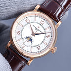 Vacheron Constantin watch with white dial, brown leather strap, rose gold-toned case
