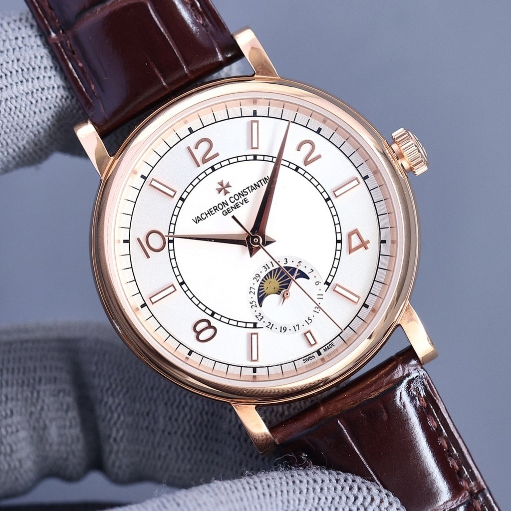Vacheron Constantin watch with white dial, brown leather strap, rose gold-tone case