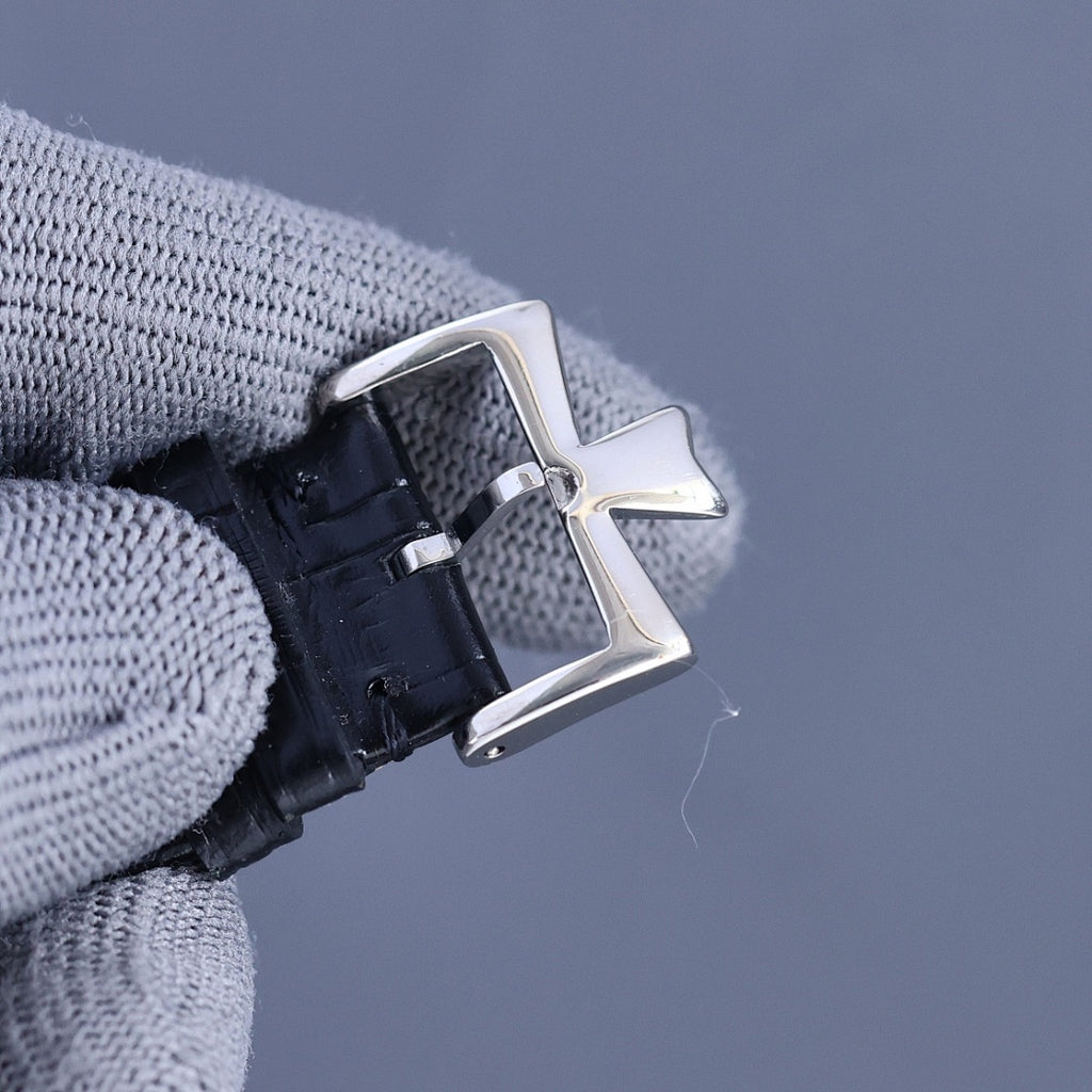 Vacheron Constantin watch buckle with black leather strap and silver clasp