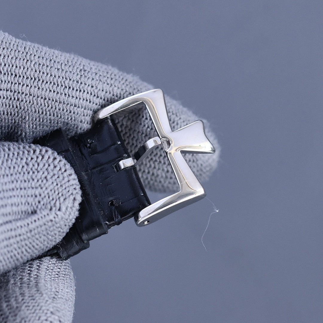 Vacheron Constantin watch buckle with black leather strap and silver clasp