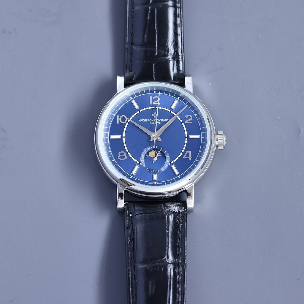 Vacheron Constantin wristwatch with blue dial, silver markers, and black leather strap