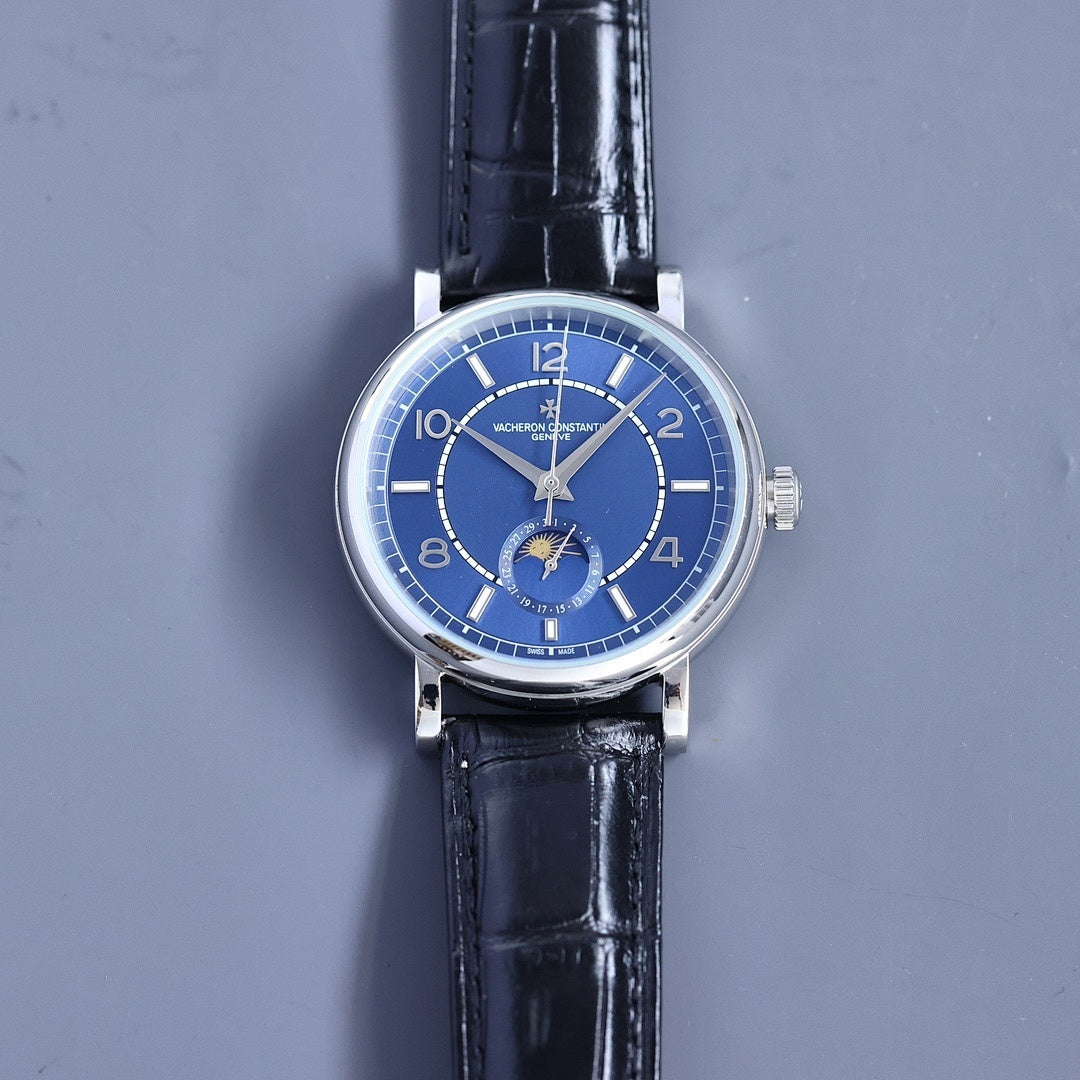 Vacheron Constantin wristwatch with blue dial, silver markers, and black leather strap