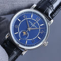 Vacheron Constantin wristwatch with blue dial, silver markers, and black leather strap