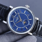 Vacheron Constantin wristwatch with blue dial, moonphase subdial, and black leather strap