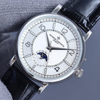 Vacheron Constantin wristwatch with white dial, silver markers, and black leather strap