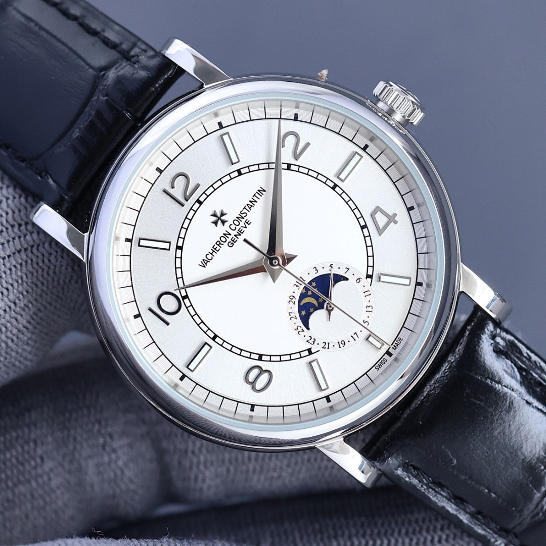 Vacheron Constantin wristwatch with white dial, subdials, and black leather strap