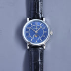 Vacheron Constantin wristwatch with blue dial and black leather strap, crown at right