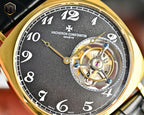 Vacheron Constantin watch close-up of black dial and gold skeleton movement