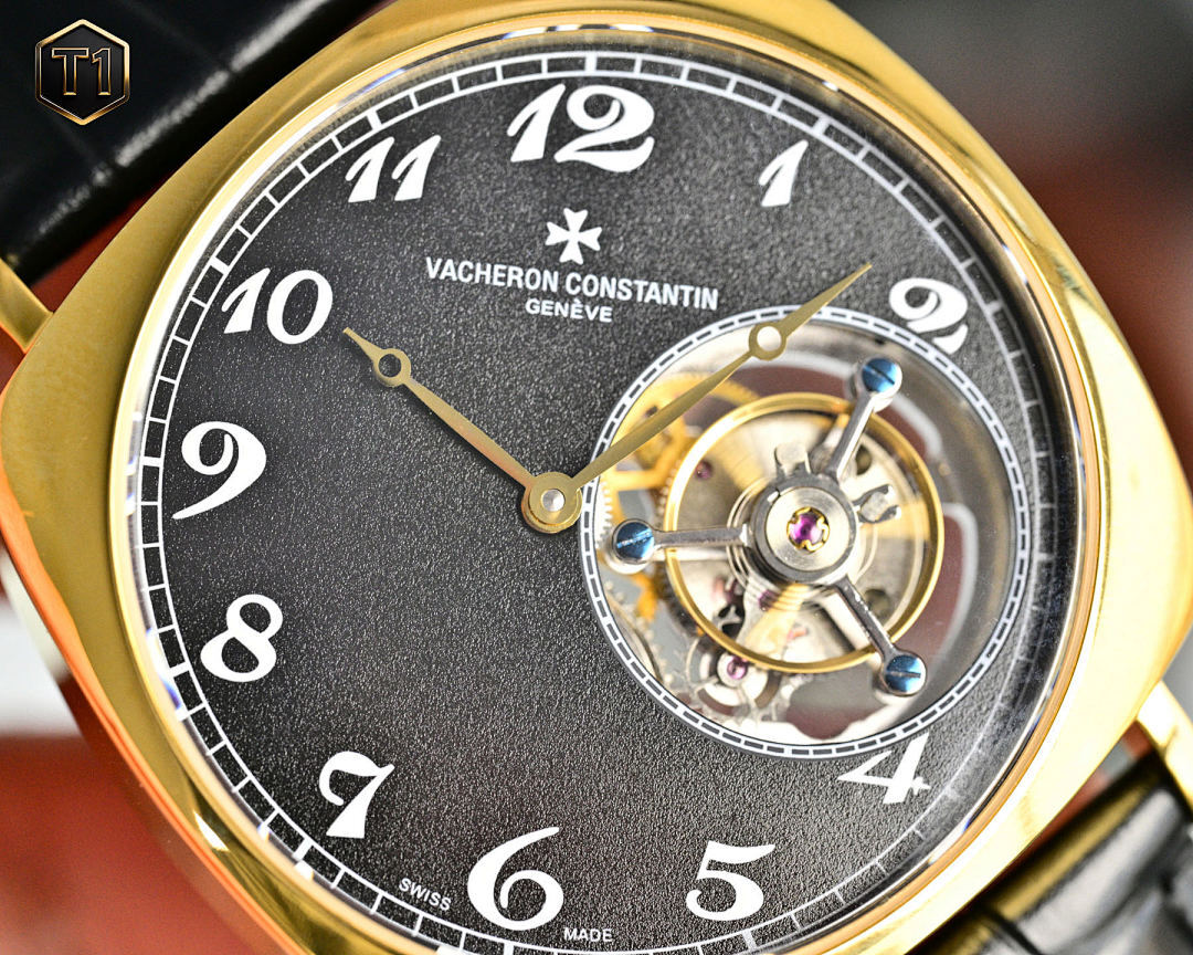 Vacheron Constantin watch close-up of black dial and gold skeleton movement