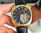 Vacheron Constantin watch front view with black dial, gold case, and leather strap